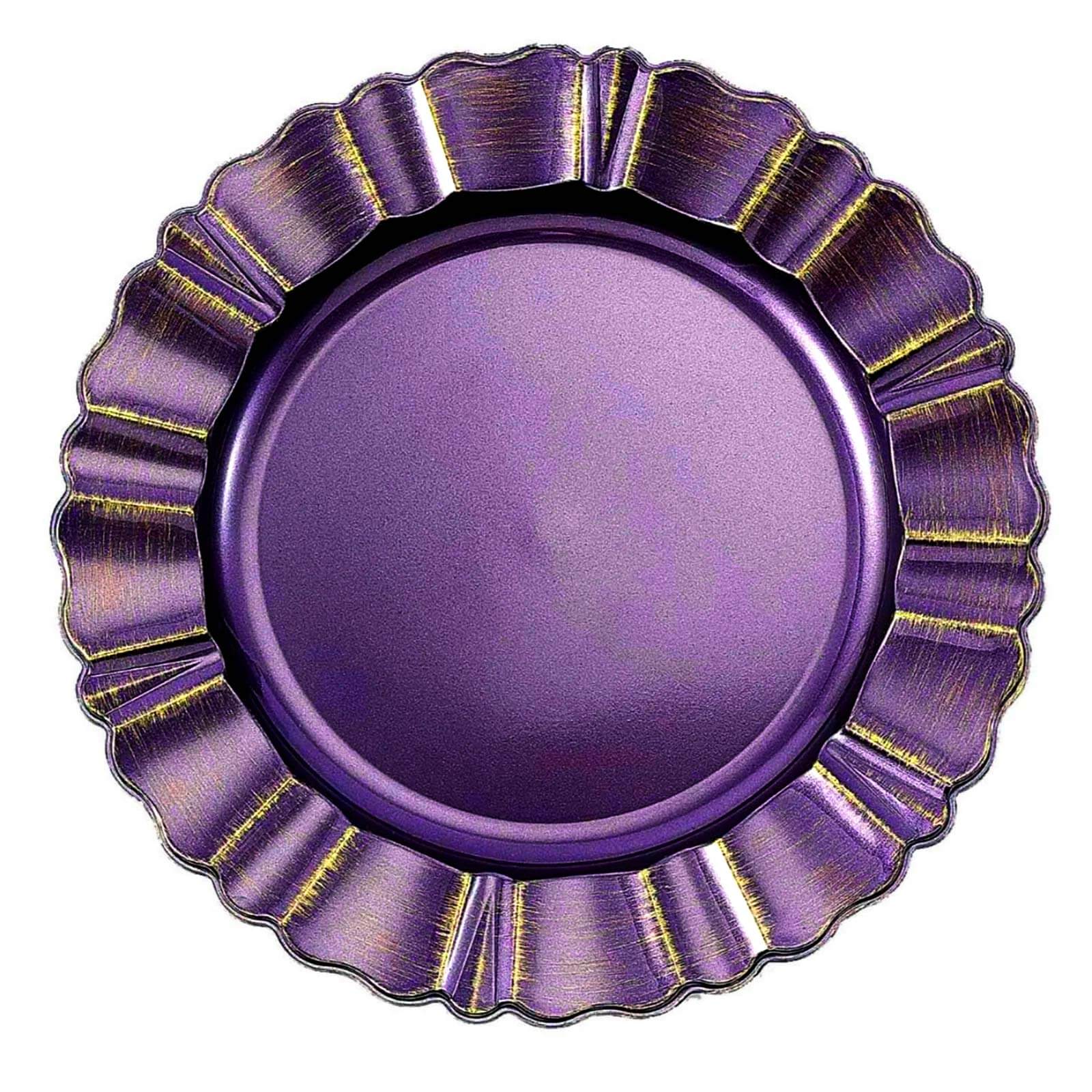 6 - Pack Acrylic Plastic Round Charger Plates 13" in Purple with Gold Brushed Wavy Scalloped Rim, Decorative Dinner Party Charger Tableware - Linen Luxes