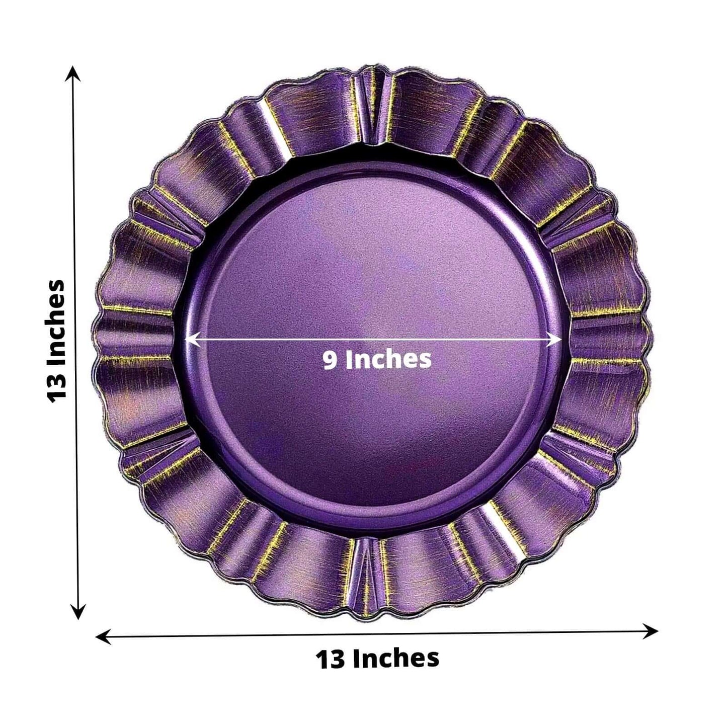 6 - Pack Acrylic Plastic Round Charger Plates 13" in Purple with Gold Brushed Wavy Scalloped Rim, Decorative Dinner Party Charger Tableware - Linen Luxes