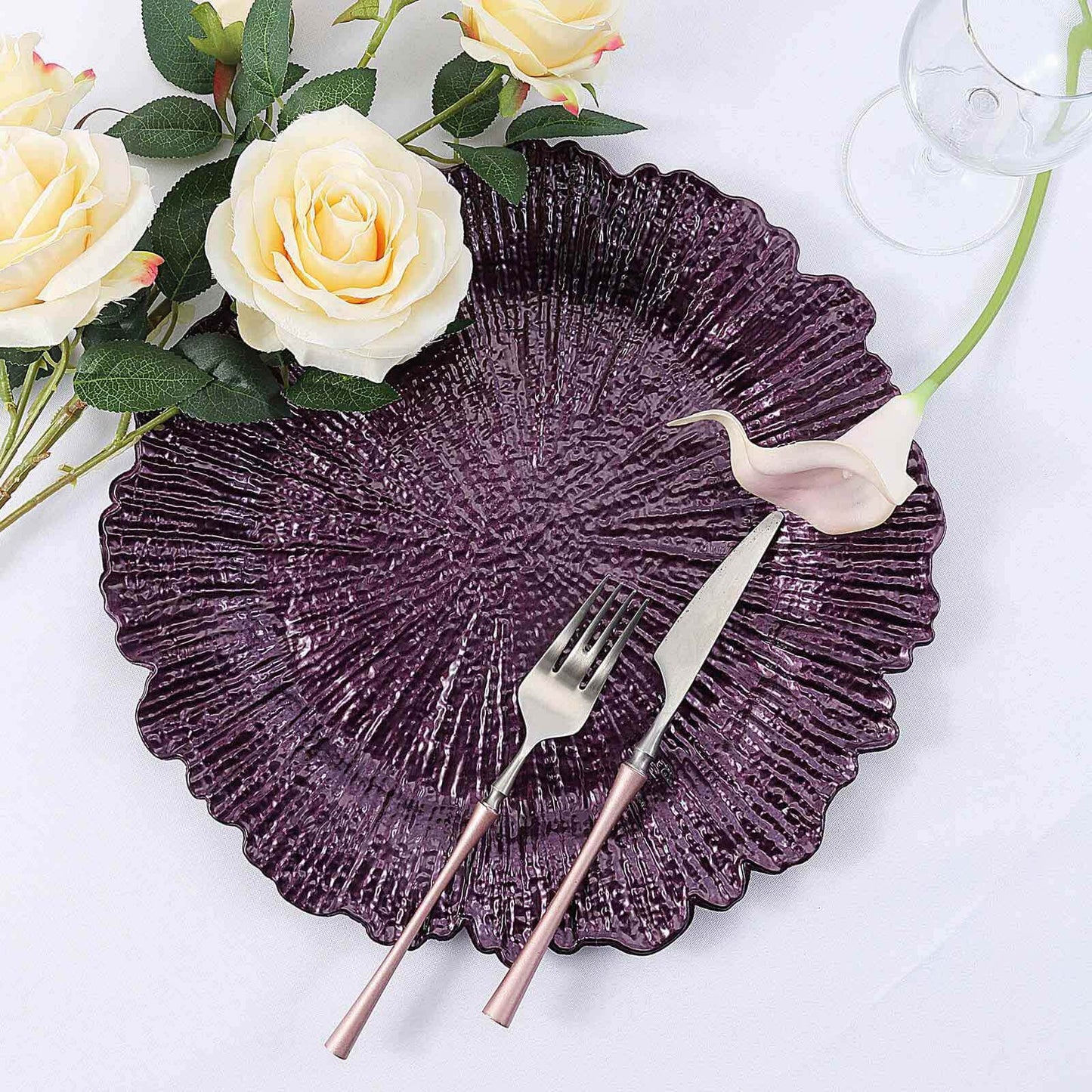 6 - Pack Acrylic Plastic Round Charger Plates 13" in Purple with Reef Design, Dinner Charger Tableware - Linen Luxes
