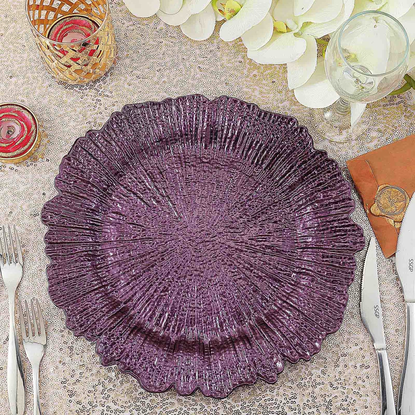 6 - Pack Acrylic Plastic Round Charger Plates 13" in Purple with Reef Design, Dinner Charger Tableware - Linen Luxes