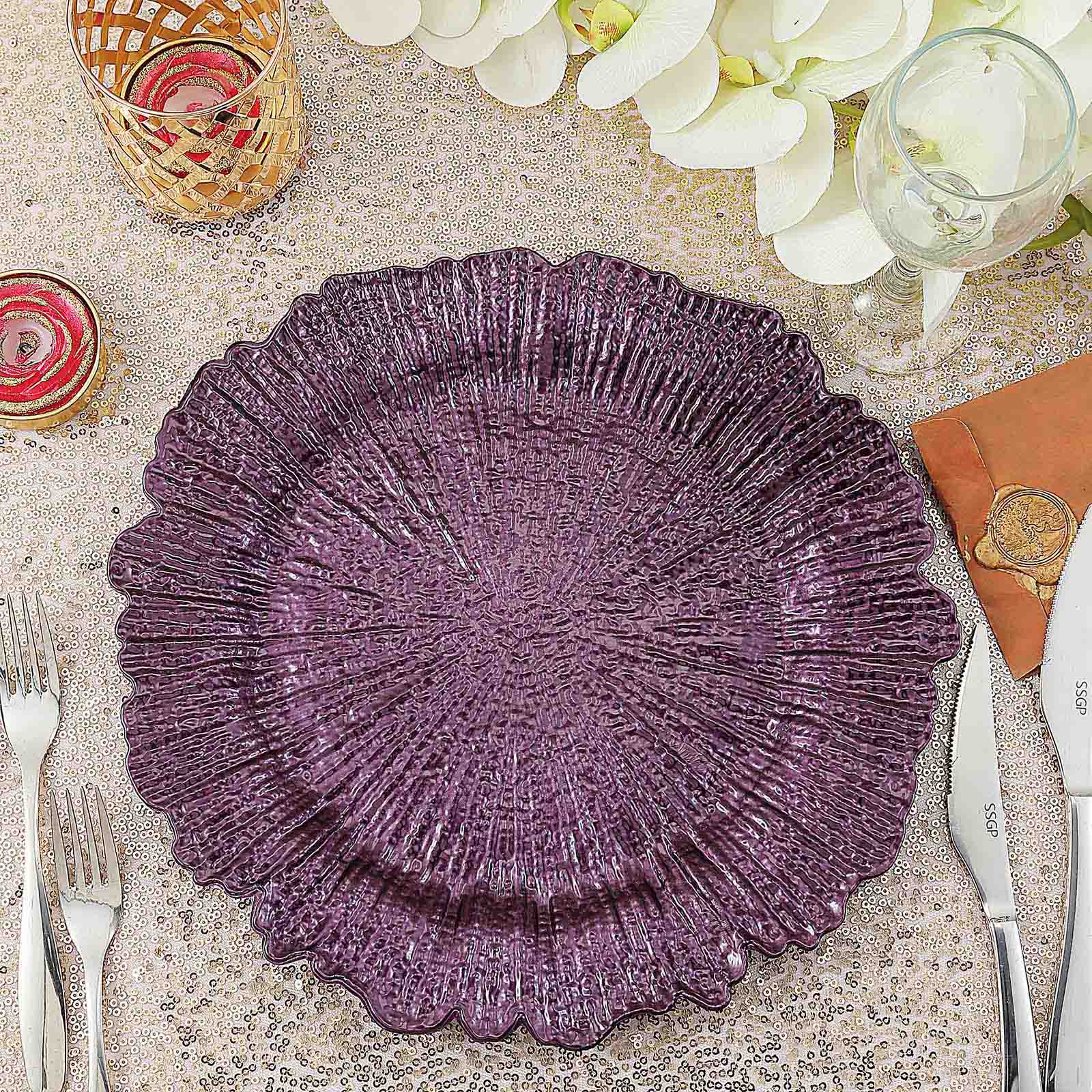 6 - Pack Acrylic Plastic Round Charger Plates 13" in Purple with Reef Design, Dinner Charger Tableware - Linen Luxes