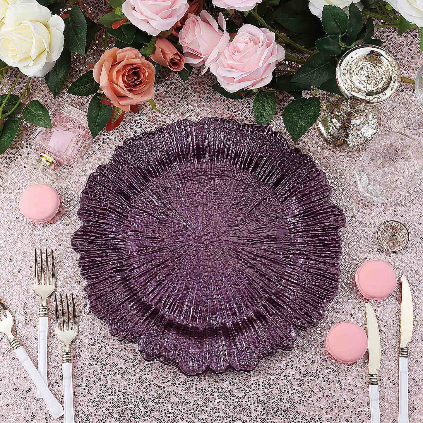 6 - Pack Acrylic Plastic Round Charger Plates 13" in Purple with Reef Design, Dinner Charger Tableware - Linen Luxes