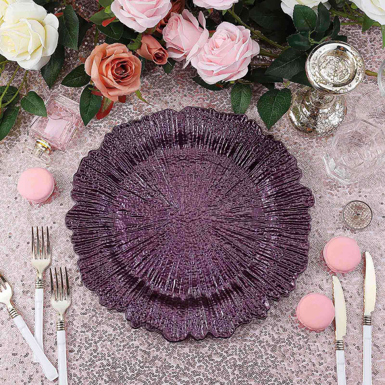 6 - Pack Acrylic Plastic Round Charger Plates 13" in Purple with Reef Design, Dinner Charger Tableware - Linen Luxes