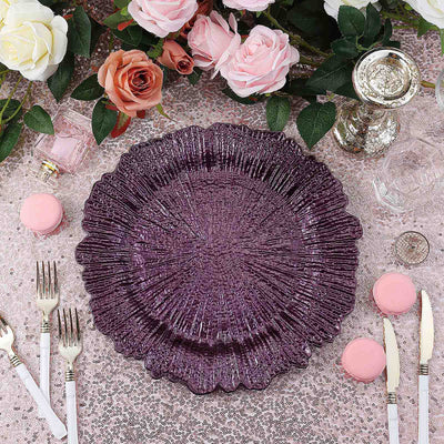 6 - Pack Acrylic Plastic Round Charger Plates 13" in Purple with Reef Design, Dinner Charger Tableware - Linen Luxes