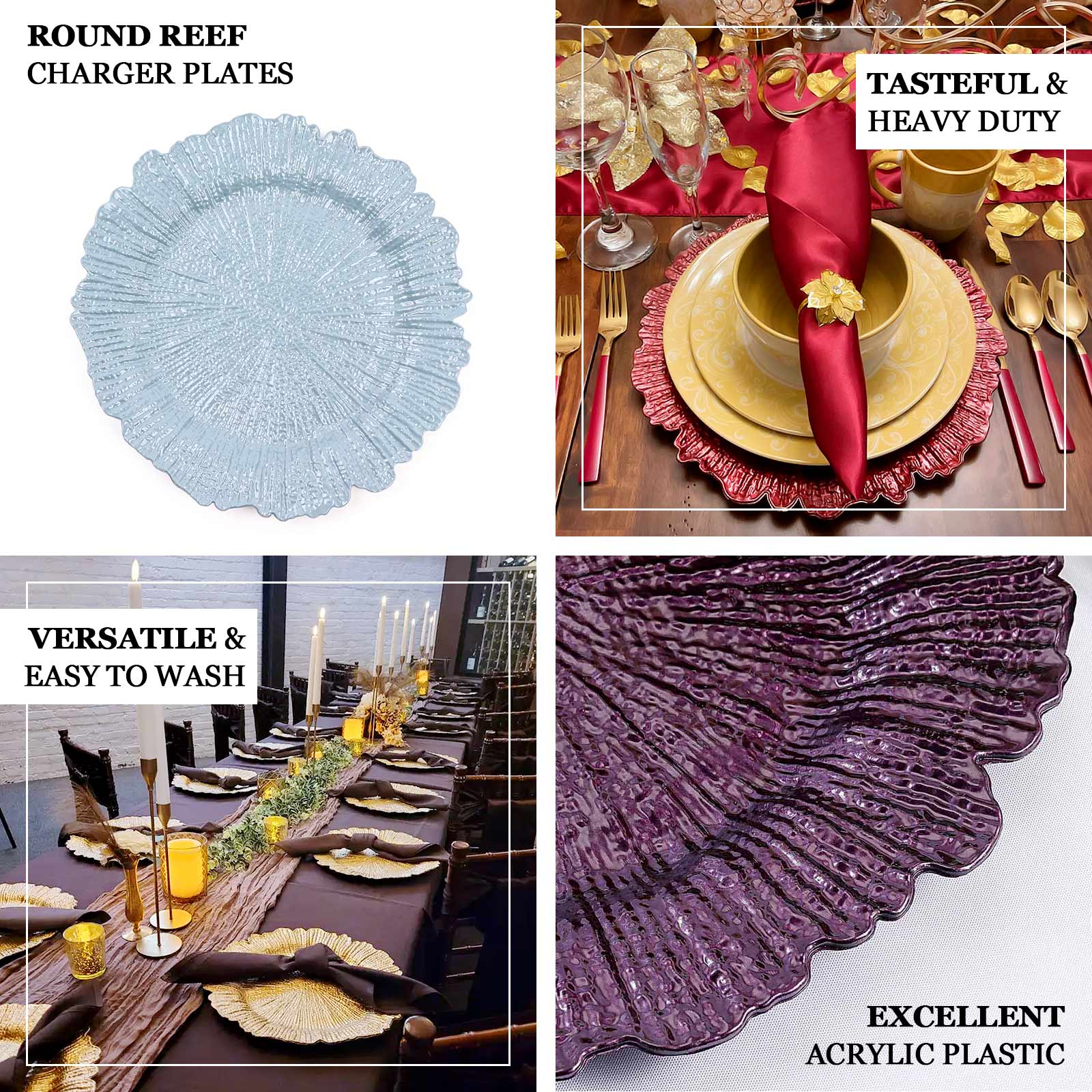 6 - Pack Acrylic Plastic Round Charger Plates 13" in Rose Gold with Reef Design, Dinner Charger Tableware - Linen Luxes