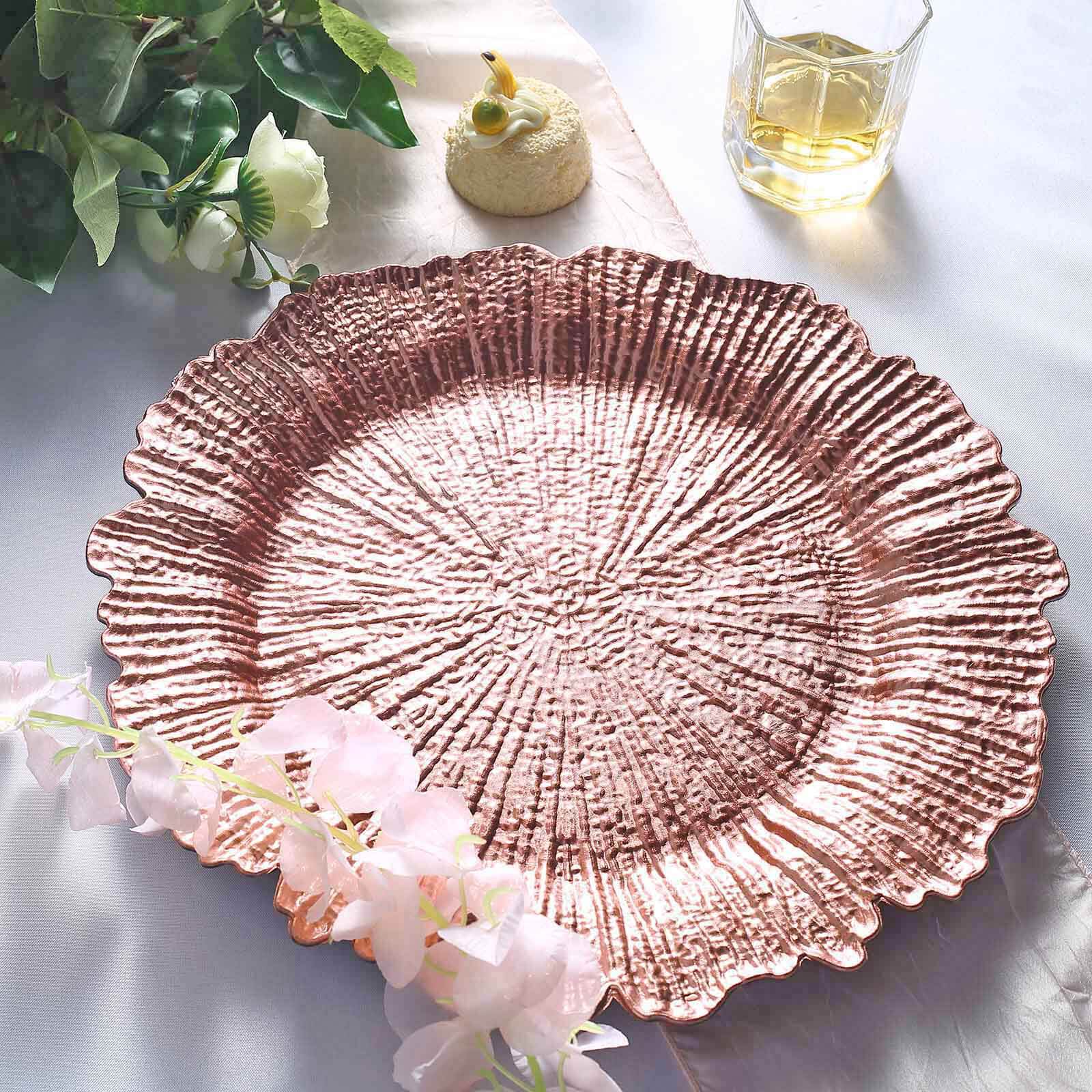 6 - Pack Acrylic Plastic Round Charger Plates 13" in Rose Gold with Reef Design, Dinner Charger Tableware - Linen Luxes