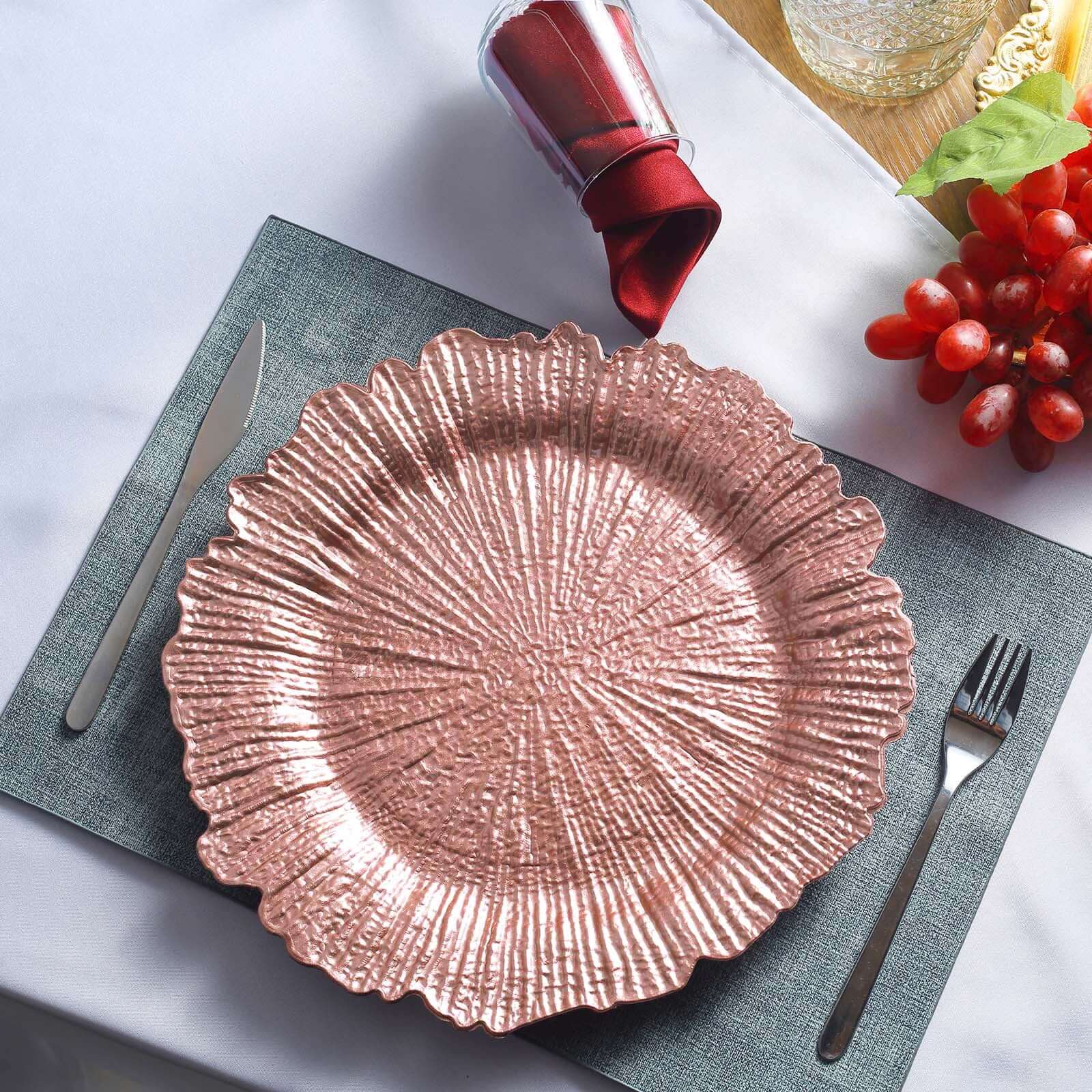 6 - Pack Acrylic Plastic Round Charger Plates 13" in Rose Gold with Reef Design, Dinner Charger Tableware - Linen Luxes