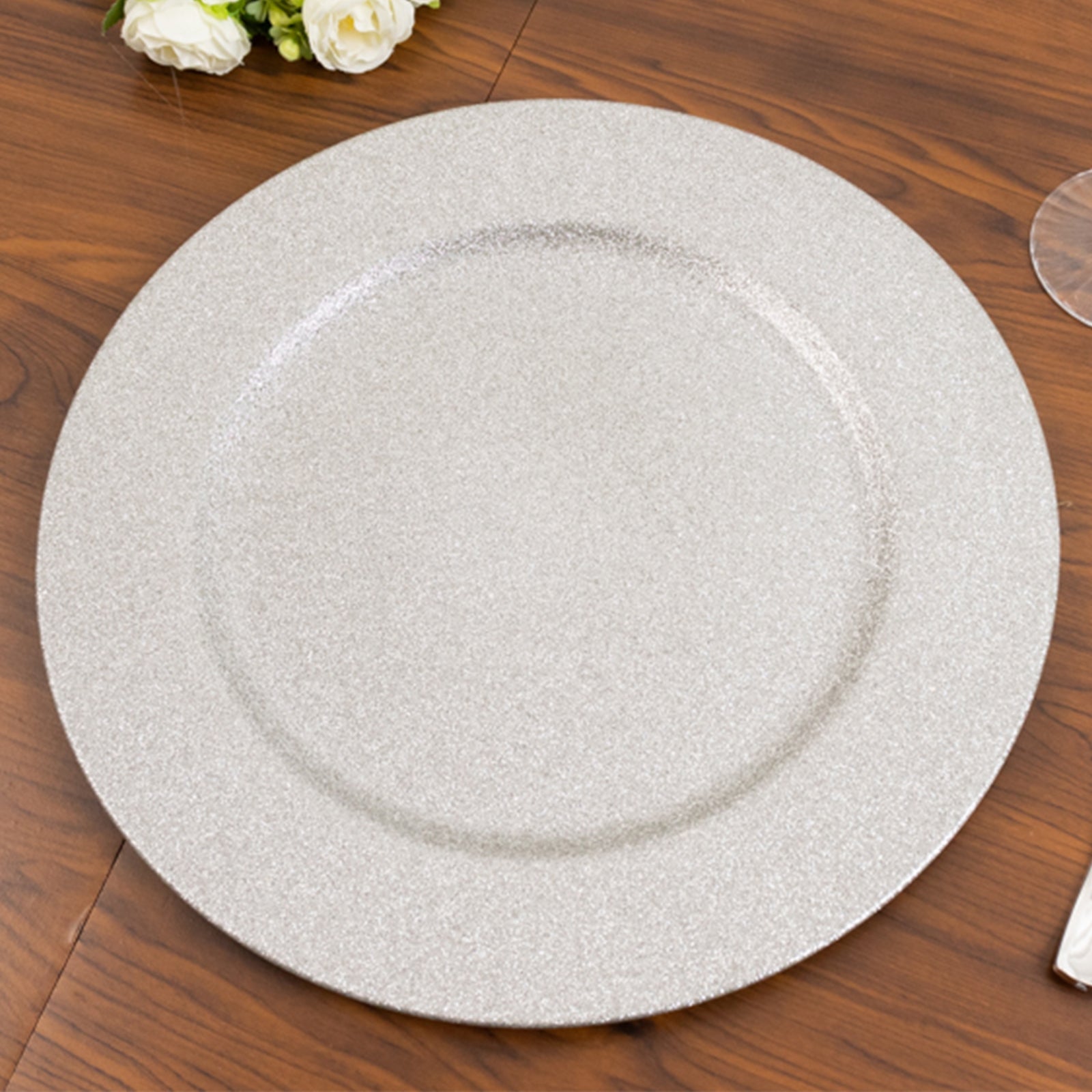 6 - Pack Acrylic Plastic Round Charger Plates 13" in Silver with Dust Free Glitter Finish, Decorative Dinner Party Charger Tableware - Linen Luxes