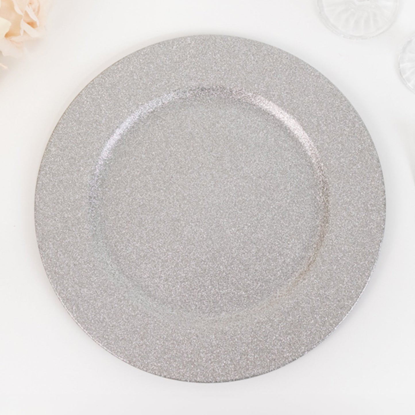 6 - Pack Acrylic Plastic Round Charger Plates 13" in Silver with Dust Free Glitter Finish, Decorative Dinner Party Charger Tableware - Linen Luxes
