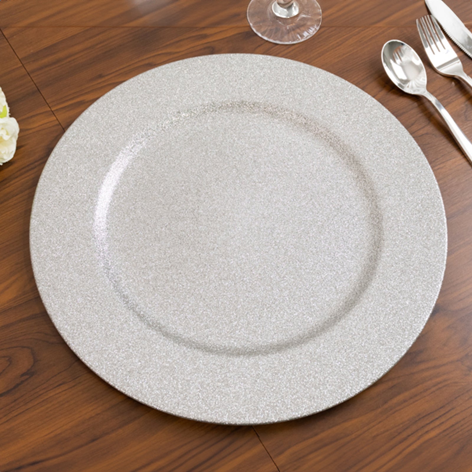 6 - Pack Acrylic Plastic Round Charger Plates 13" in Silver with Dust Free Glitter Finish, Decorative Dinner Party Charger Tableware - Linen Luxes