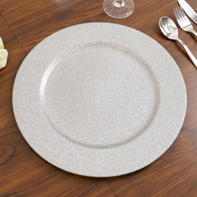 6 - Pack Acrylic Plastic Round Charger Plates 13" in Silver with Dust Free Glitter Finish, Decorative Dinner Party Charger Tableware - Linen Luxes