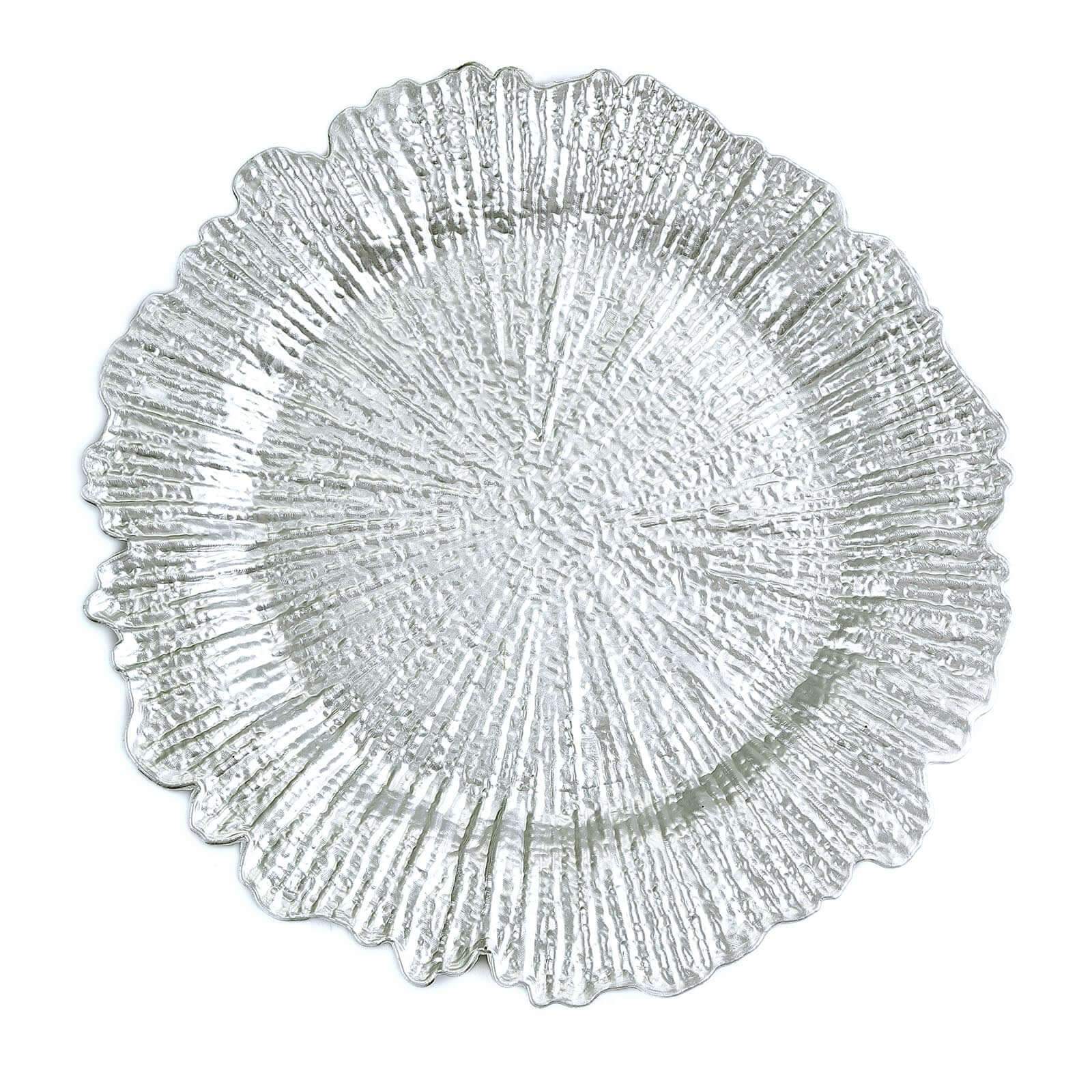 6 - Pack Acrylic Plastic Round Charger Plates 13" in Silver with Reef Design, Dinner Charger Tableware - Linen Luxes