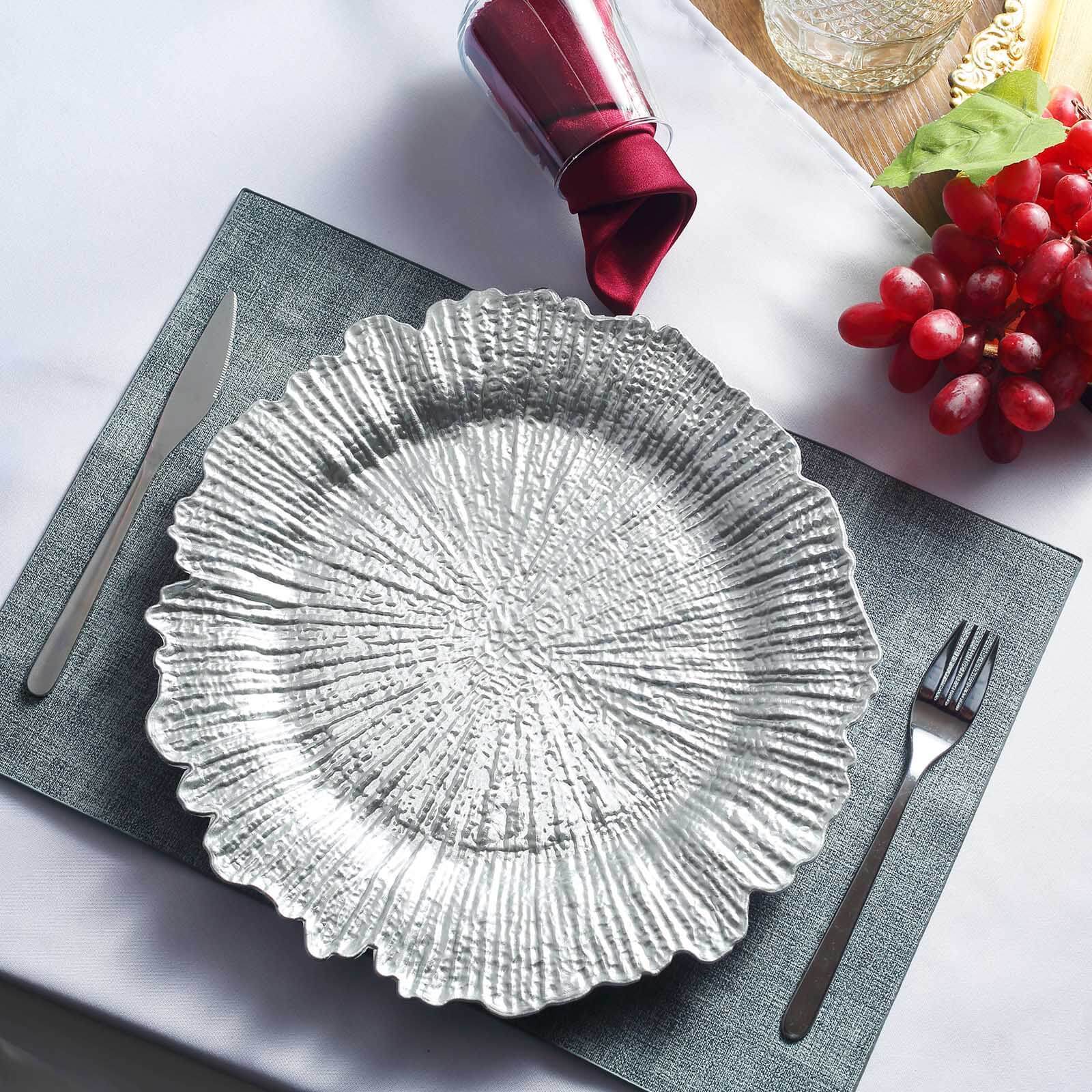 6 - Pack Acrylic Plastic Round Charger Plates 13" in Silver with Reef Design, Dinner Charger Tableware - Linen Luxes