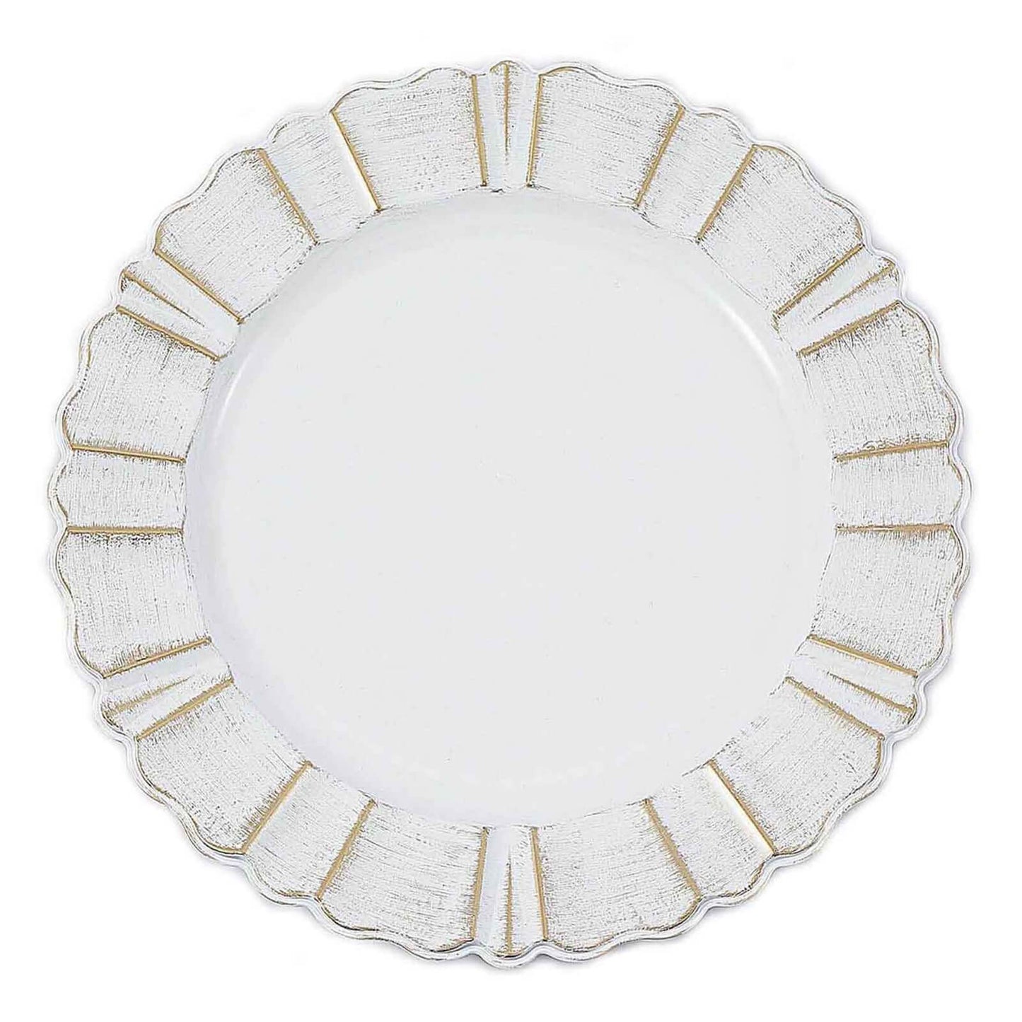 6 - Pack Acrylic Plastic Round Charger Plates 13" in White with Gold Brushed Wavy Scalloped Rim, Decorative Dinner Party Charger Tableware - Linen Luxes