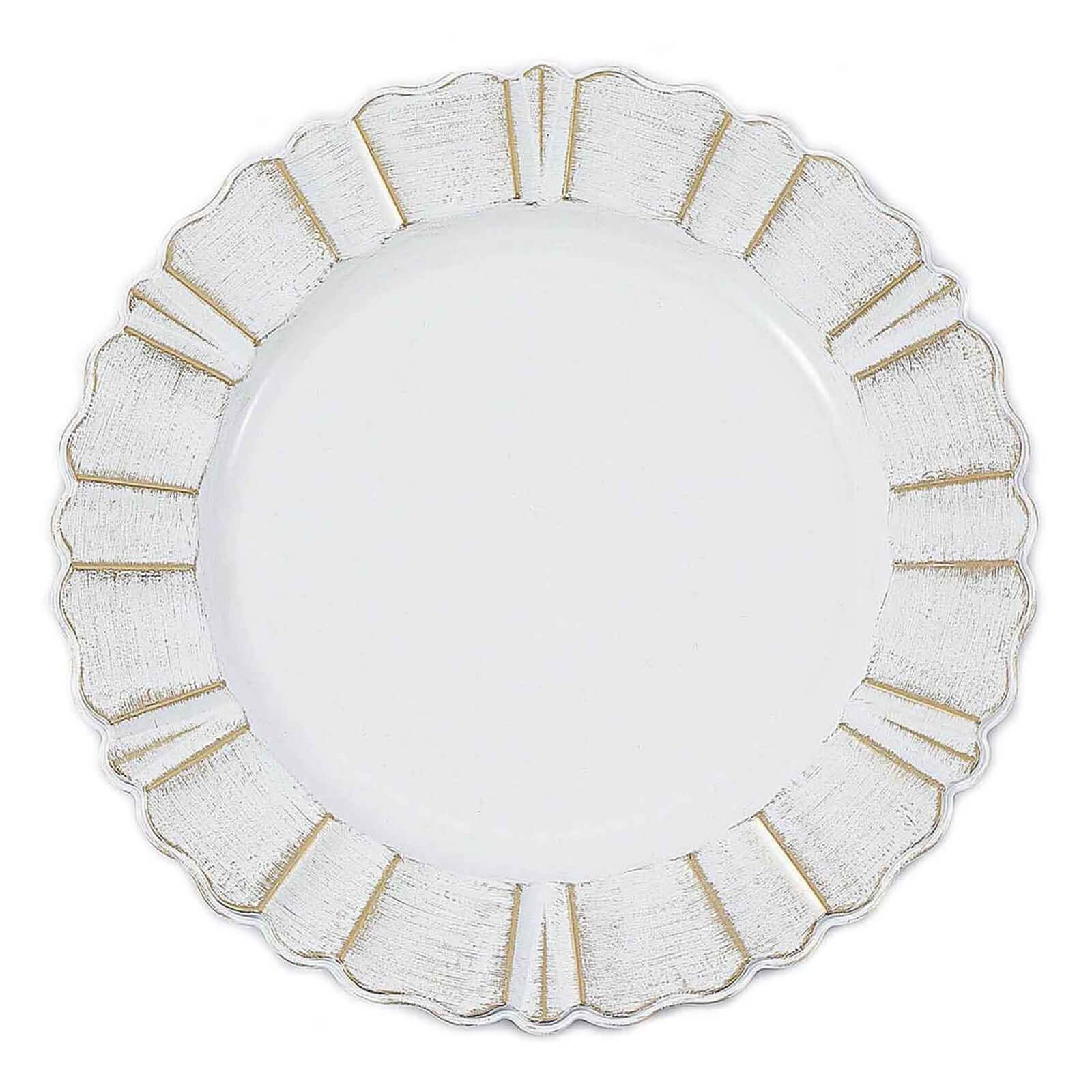 6 - Pack Acrylic Plastic Round Charger Plates 13" in White with Gold Brushed Wavy Scalloped Rim, Decorative Dinner Party Charger Tableware - Linen Luxes