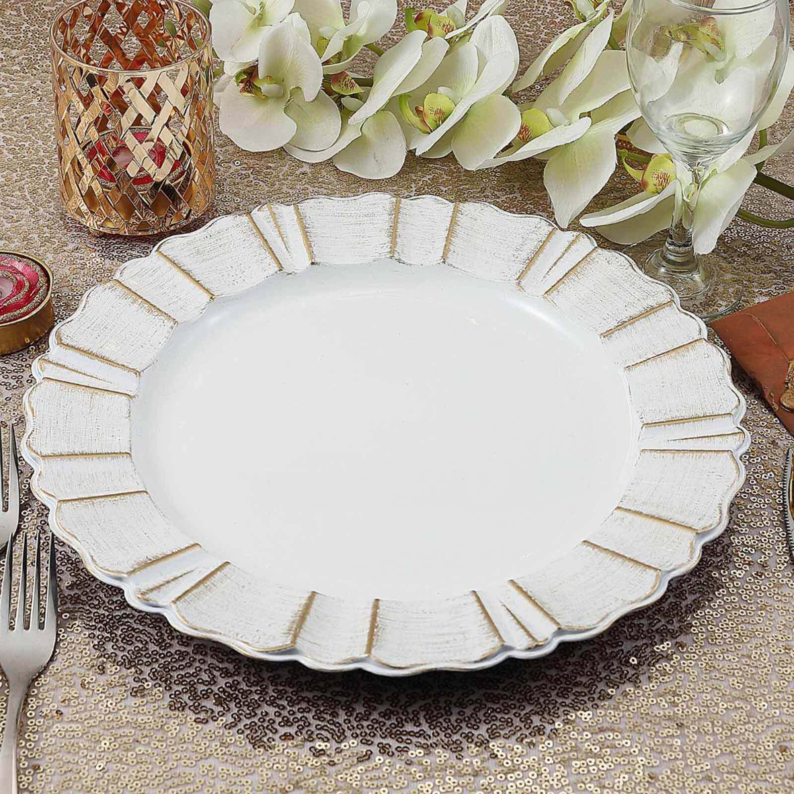 6 - Pack Acrylic Plastic Round Charger Plates 13" in White with Gold Brushed Wavy Scalloped Rim, Decorative Dinner Party Charger Tableware - Linen Luxes