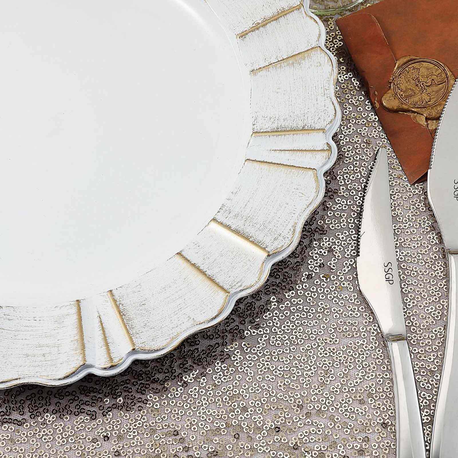 6 - Pack Acrylic Plastic Round Charger Plates 13" in White with Gold Brushed Wavy Scalloped Rim, Decorative Dinner Party Charger Tableware - Linen Luxes
