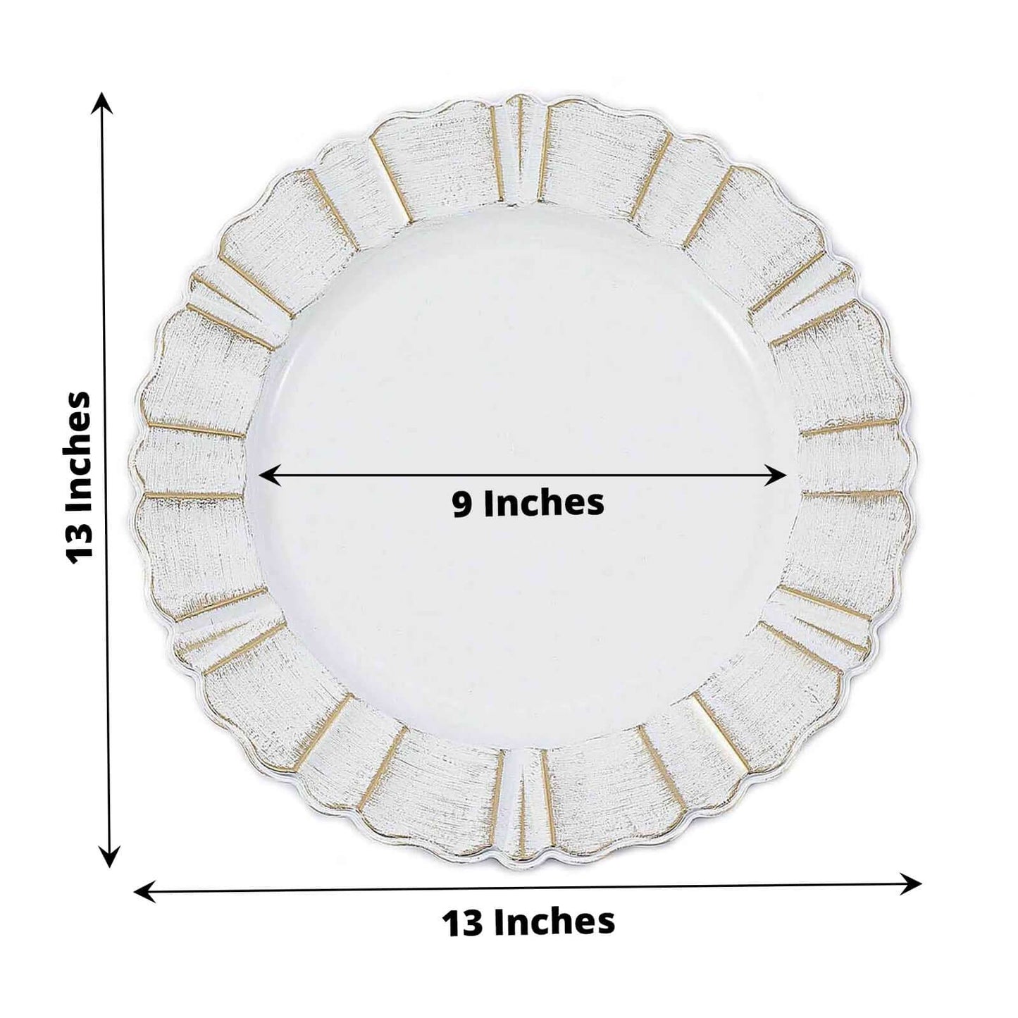 6 - Pack Acrylic Plastic Round Charger Plates 13" in White with Gold Brushed Wavy Scalloped Rim, Decorative Dinner Party Charger Tableware - Linen Luxes
