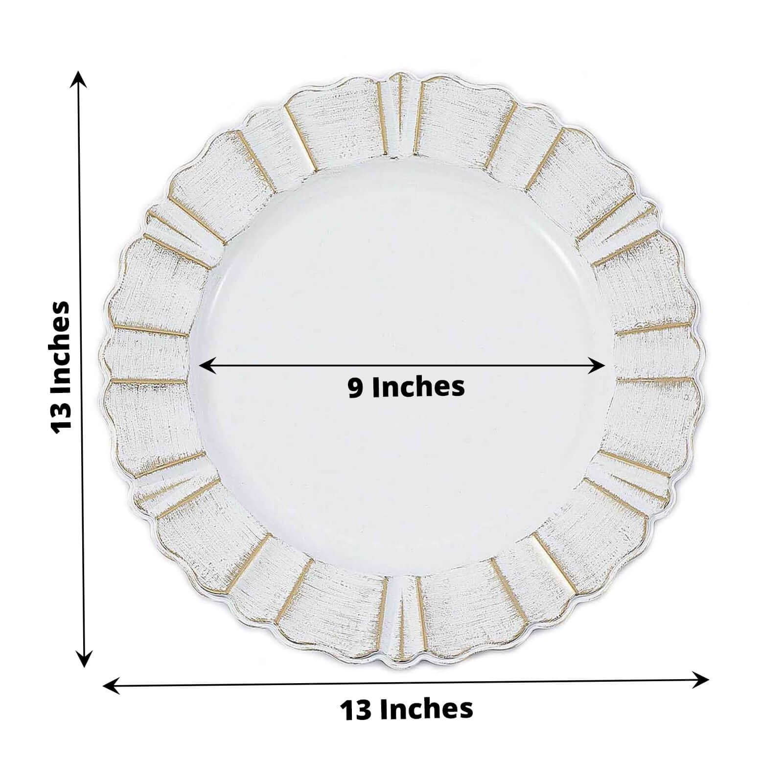 6 - Pack Acrylic Plastic Round Charger Plates 13" in White with Gold Brushed Wavy Scalloped Rim, Decorative Dinner Party Charger Tableware - Linen Luxes