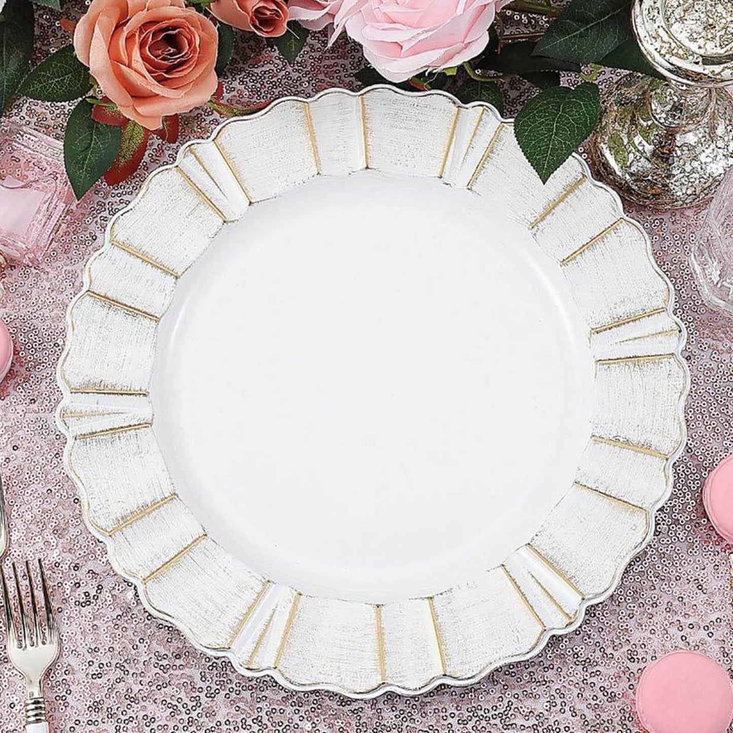 6 - Pack Acrylic Plastic Round Charger Plates 13" in White with Gold Brushed Wavy Scalloped Rim, Decorative Dinner Party Charger Tableware - Linen Luxes