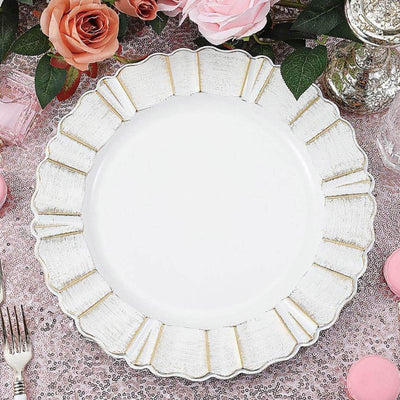 6 - Pack Acrylic Plastic Round Charger Plates 13" in White with Gold Brushed Wavy Scalloped Rim, Decorative Dinner Party Charger Tableware - Linen Luxes