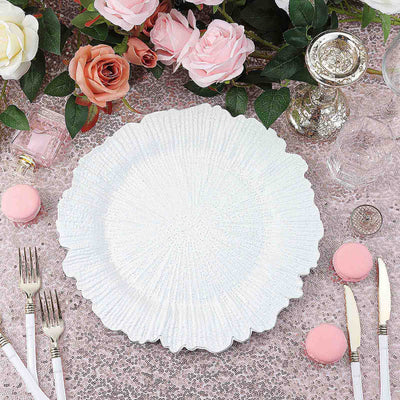 6 - Pack Acrylic Plastic Round Charger Plates 13" in White with Reef Design, Classy Dinner Party Charger Tableware - Linen Luxes