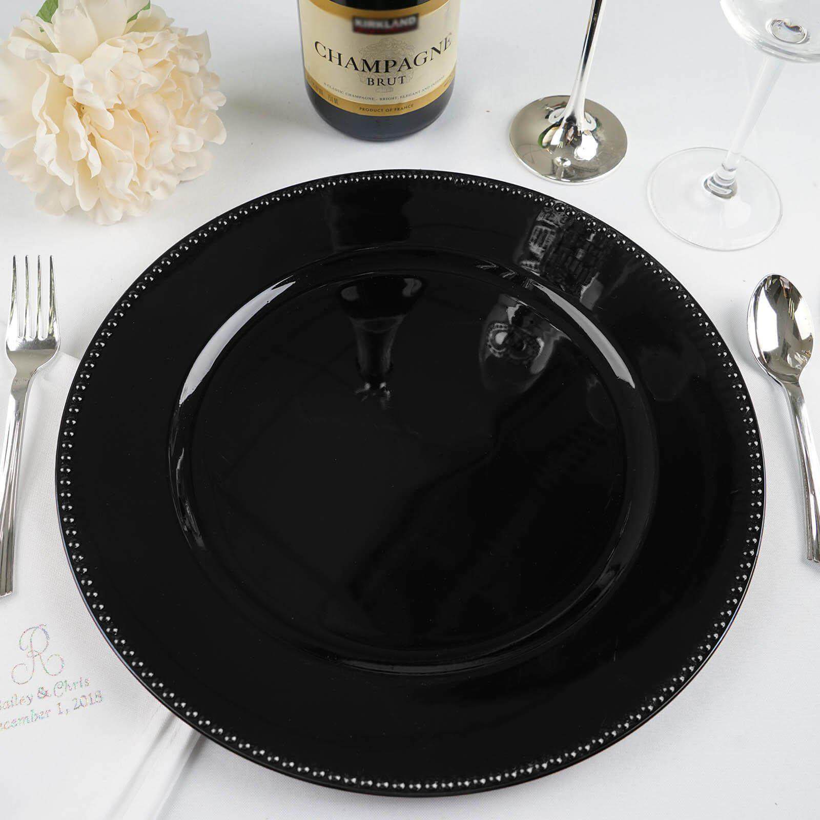 6 - Pack Acrylic Round Charger Plates 13" in Black with Beaded Rim, Dinner Charger Event Tabletop Decor - Linen Luxes