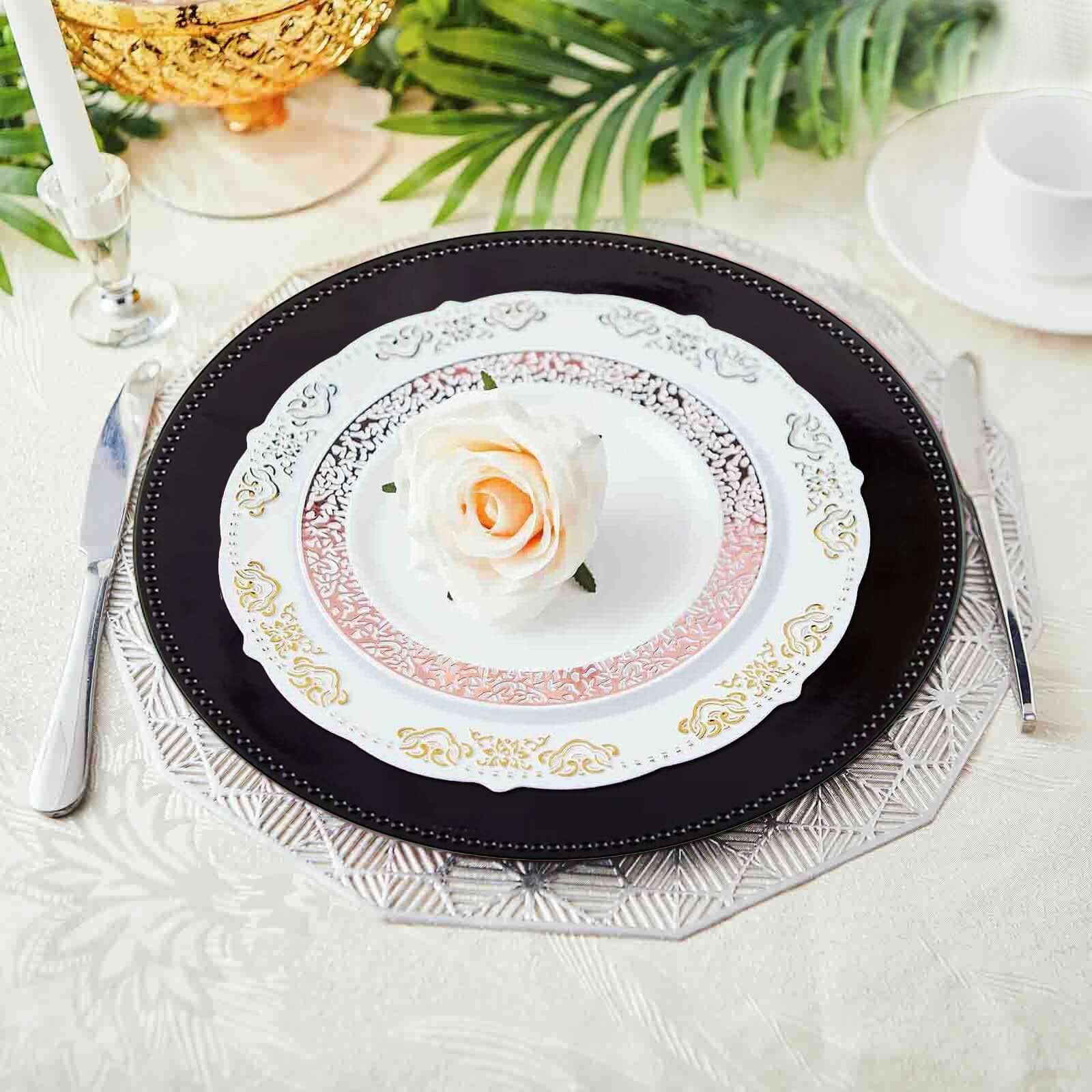 6 - Pack Acrylic Round Charger Plates 13" in Black with Beaded Rim, Dinner Charger Event Tabletop Decor - Linen Luxes