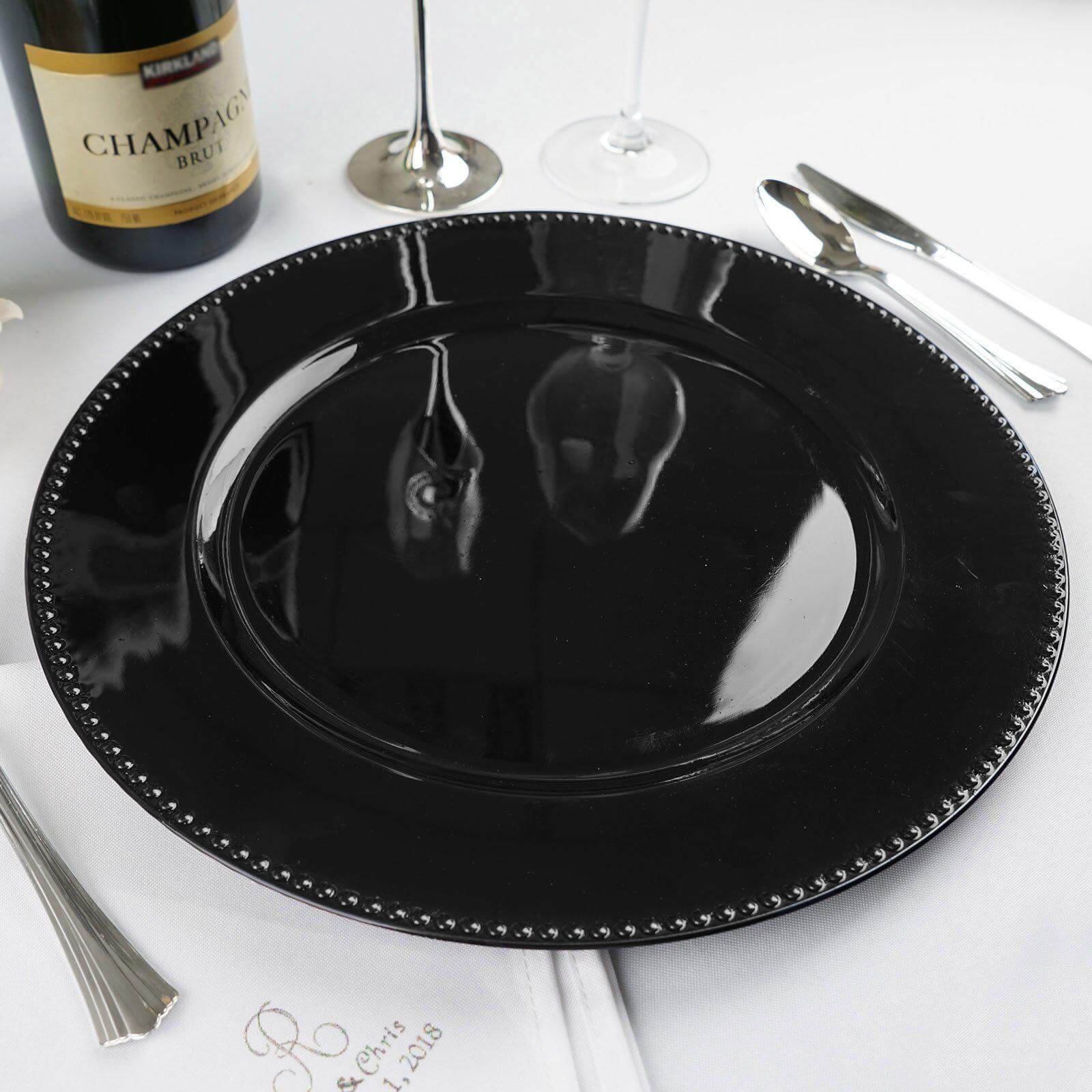 6 - Pack Acrylic Round Charger Plates 13" in Black with Beaded Rim, Dinner Charger Event Tabletop Decor - Linen Luxes