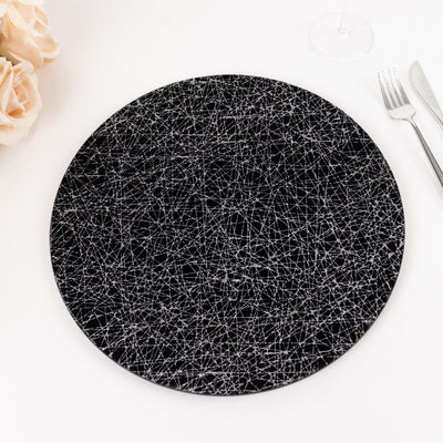 6-Pack Acrylic Round Charger Plates 13" in Black with Silver Glitter Abstract Lines Pattern, Decorative Dinner Party Charger Tableware