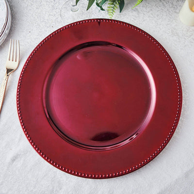 6-Pack Acrylic Round Charger Plates 13" in Burgundy with Beaded Rim, Dinner Charger Event Tabletop Decor
