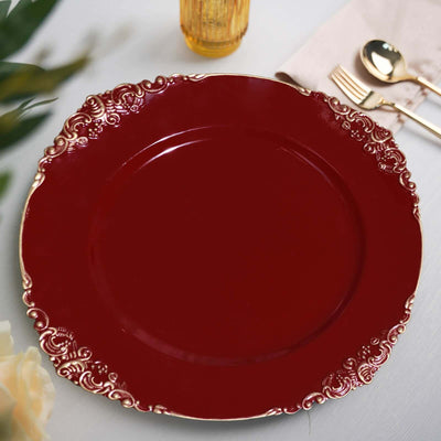 6-Pack Acrylic Round Charger Plates 13" in Burgundy with Gold Embossed Baroque Rim, Antique Decorative Dinner Party Charger Tableware