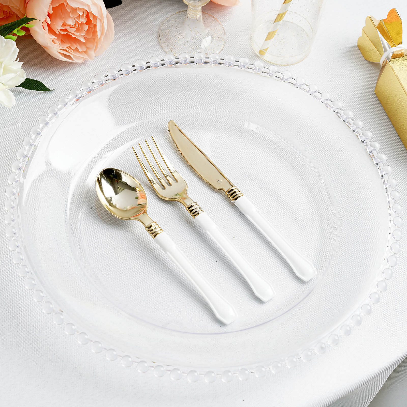 6 - Pack Acrylic Round Charger Plates 13" in Clear with Beaded Rim, Decorative Dinner Party Serving Plates - Linen Luxes