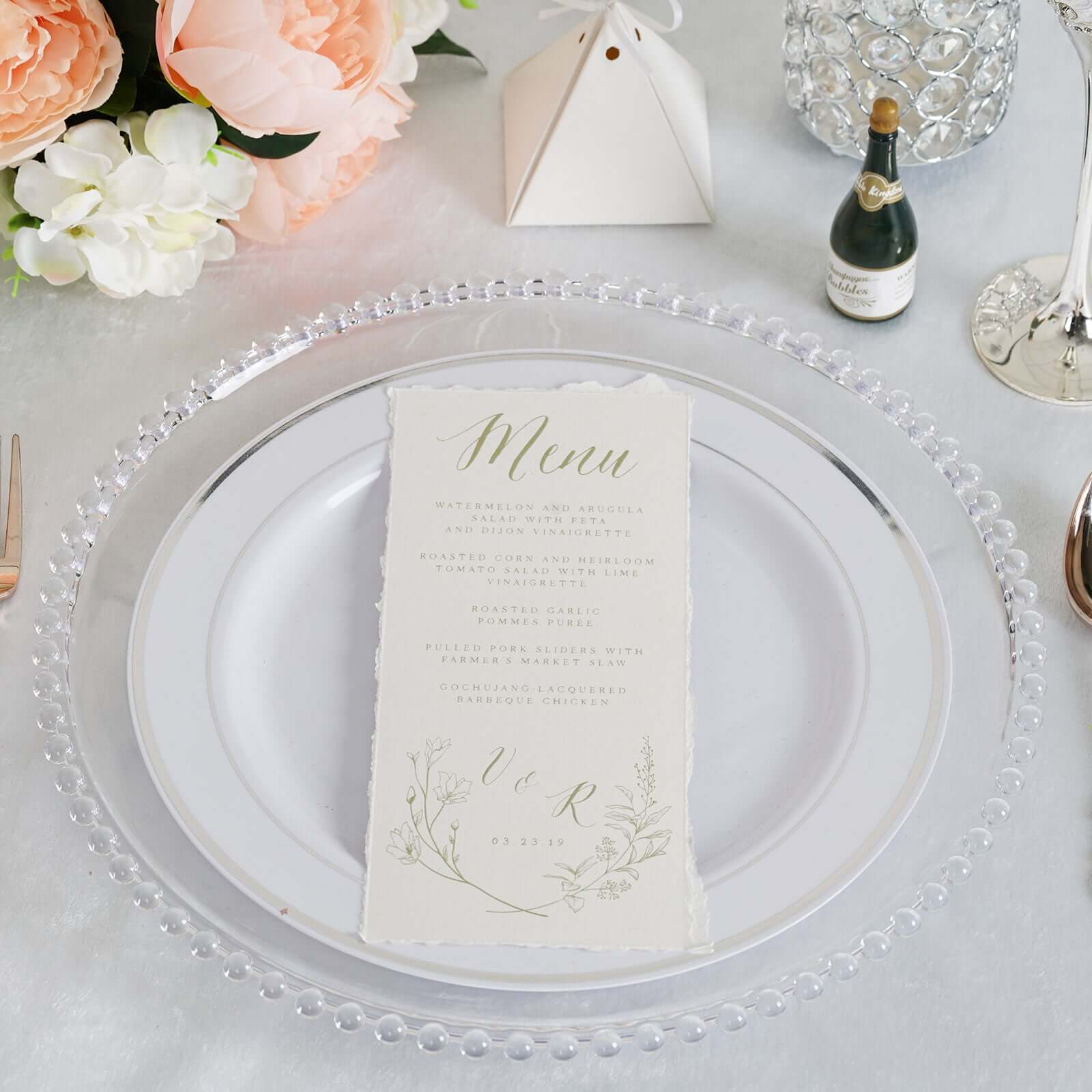 6 - Pack Acrylic Round Charger Plates 13" in Clear with Beaded Rim, Decorative Dinner Party Serving Plates - Linen Luxes