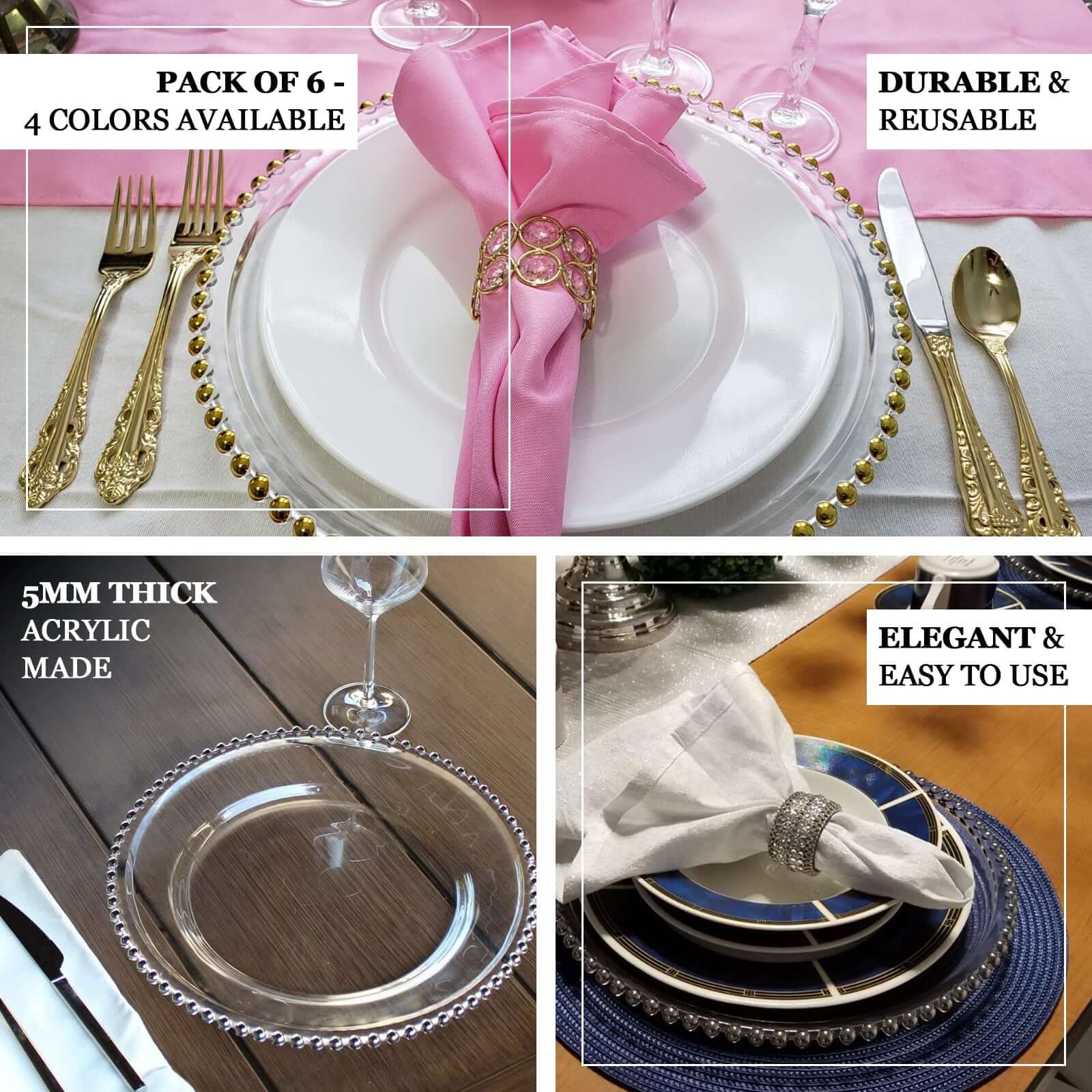 6 - Pack Acrylic Round Charger Plates 13" in Clear with Gold Beaded Rim, Decorative Dinner Party Serving Plates - Linen Luxes