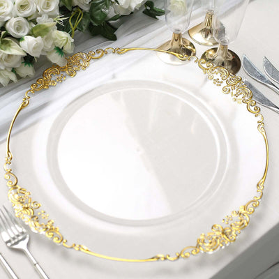 6-Pack Acrylic Round Charger Plates 13" in Clear with Gold Embossed Baroque Rim, Antique Decorative Dinner Party Charger Tableware