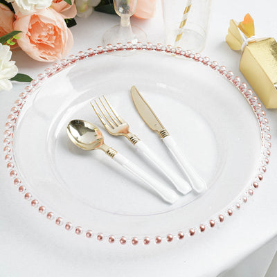 6 - Pack Acrylic Round Charger Plates 13" in Clear with Rose Gold Beaded Rim, Decorative Dinner Party Serving Plates - Linen Luxes