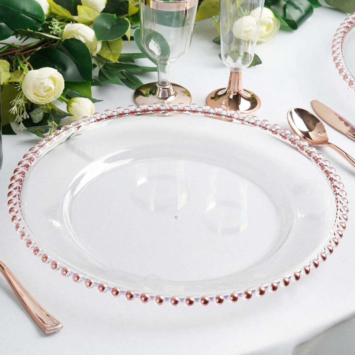 6 - Pack Acrylic Round Charger Plates 13" in Clear with Rose Gold Beaded Rim, Decorative Dinner Party Serving Plates - Linen Luxes