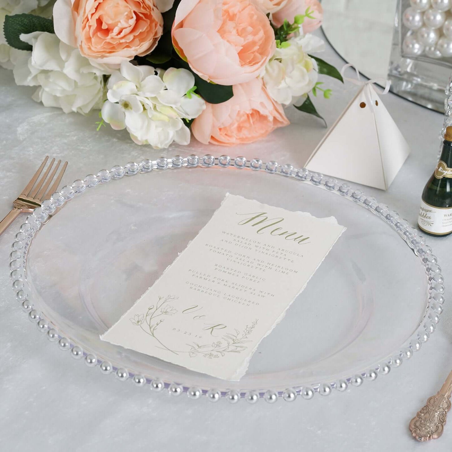 6 - Pack Acrylic Round Charger Plates 13" in Clear with Silver Beaded Rim, Decorative Dinner Party Serving Plates - Linen Luxes