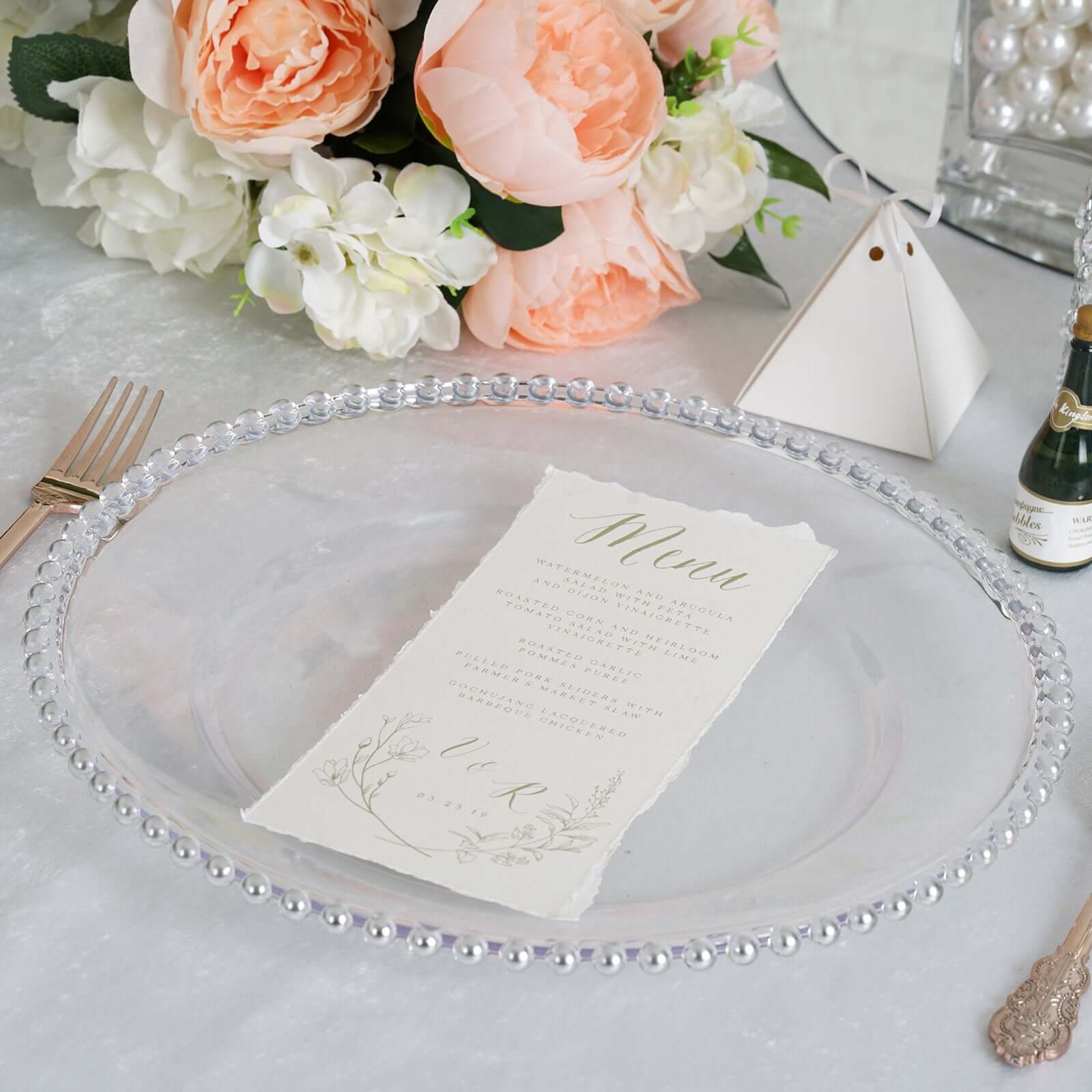 6 - Pack Acrylic Round Charger Plates 13" in Clear with Silver Beaded Rim, Decorative Dinner Party Serving Plates - Linen Luxes