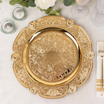 6-Pack Acrylic Round Charger Plates 13" in Gold Floral Embossed with Scalloped Rim, Plastic Decorative Charger Tableware