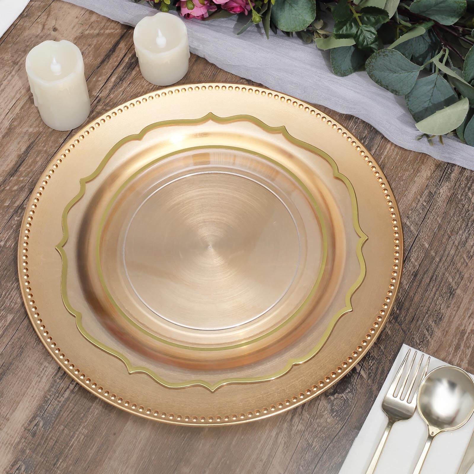 6 - Pack Acrylic Round Charger Plates 13" in Gold with Beaded Rim, Dinner Charger Event Tabletop Decor - Linen Luxes
