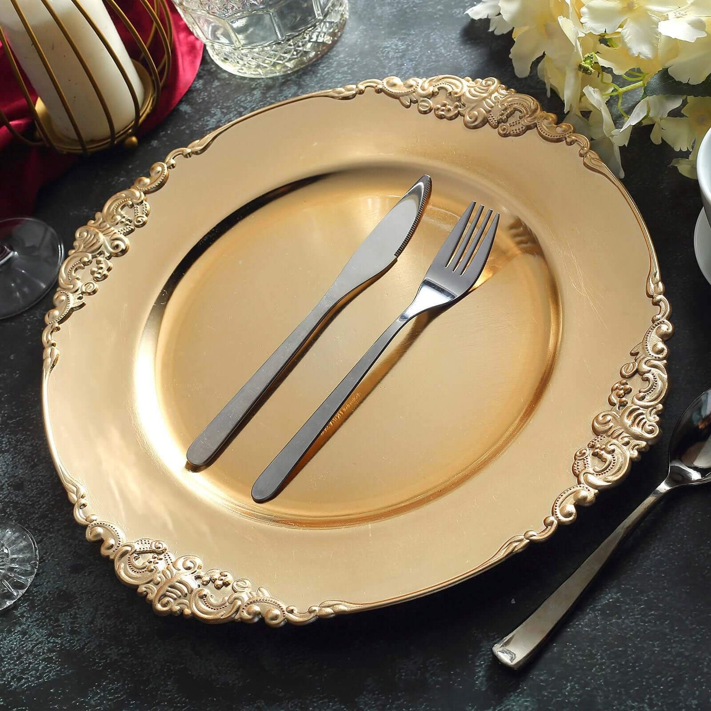 6 - Pack Acrylic Round Charger Plates 13" in Gold with Embossed Baroque Rim, Antique Decorative Dinner Party Charger Tableware - Linen Luxes