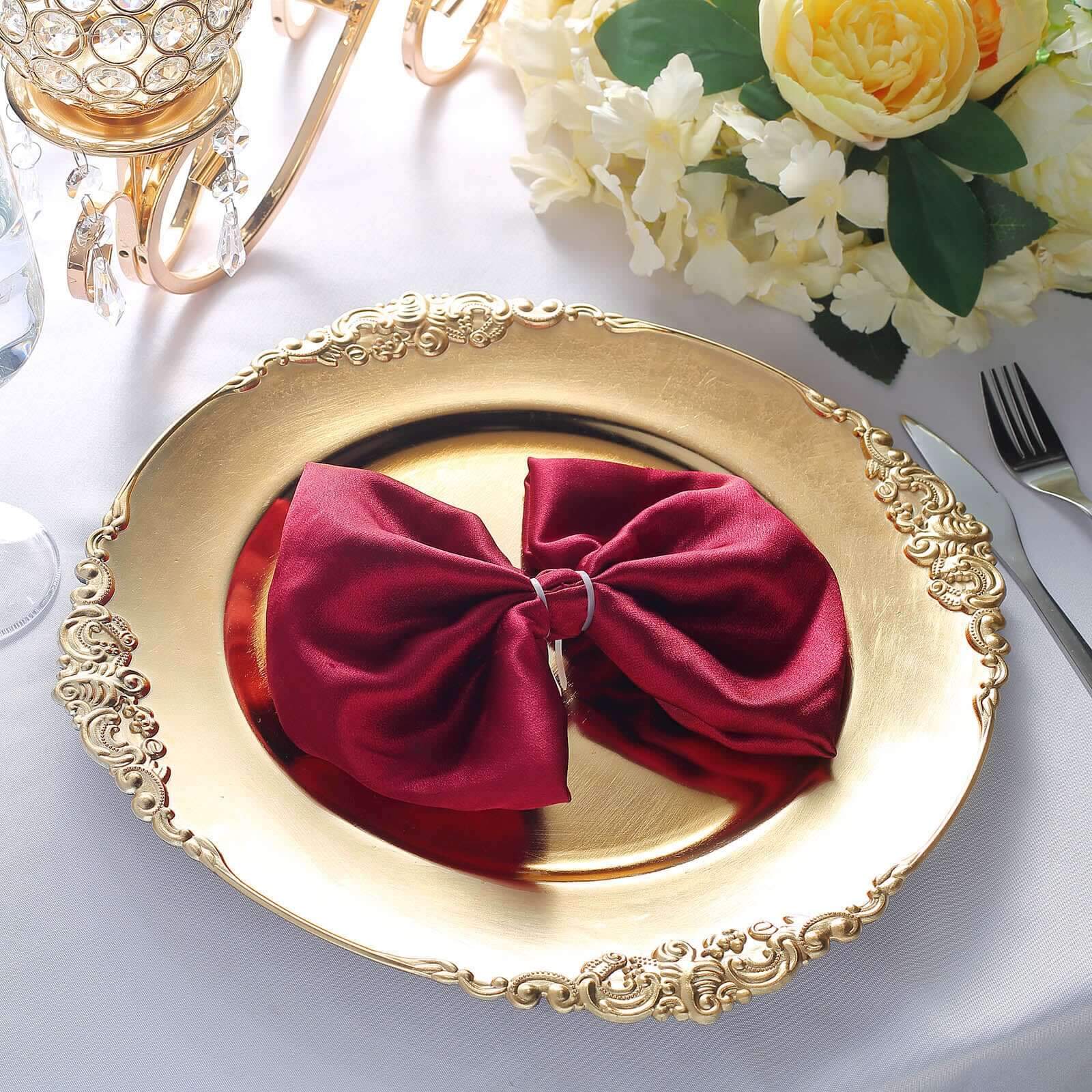 6 - Pack Acrylic Round Charger Plates 13" in Gold with Embossed Baroque Rim, Antique Decorative Dinner Party Charger Tableware - Linen Luxes