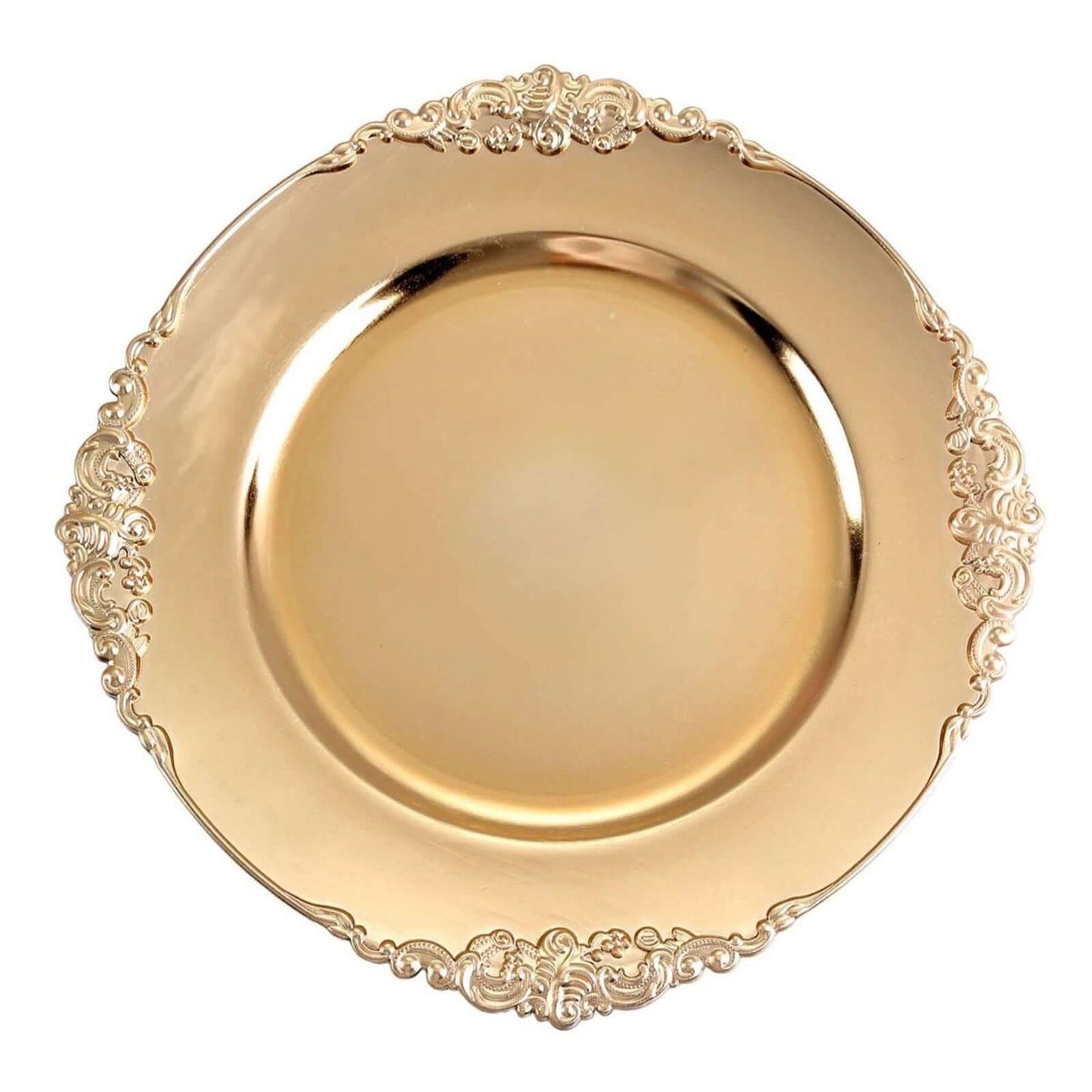 6 - Pack Acrylic Round Charger Plates 13" in Gold with Embossed Baroque Rim, Antique Decorative Dinner Party Charger Tableware - Linen Luxes