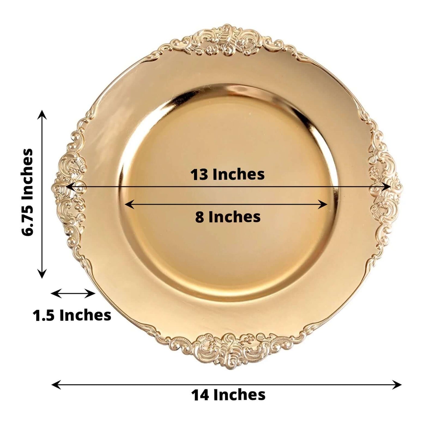 6 - Pack Acrylic Round Charger Plates 13" in Gold with Embossed Baroque Rim, Antique Decorative Dinner Party Charger Tableware - Linen Luxes