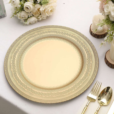 6-Pack Acrylic Round Charger Plates 13" in Gold with Lace Embossed Rim, Rustic Plastic Decorative Charger Tableware