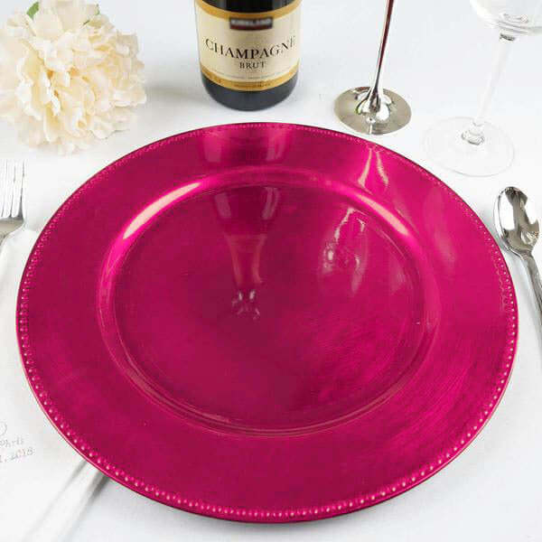 6 - Pack Acrylic Round Charger Plates 13" in Hot Pink with Beaded Rim, Dinner Charger Event Tabletop Decor - Linen Luxes