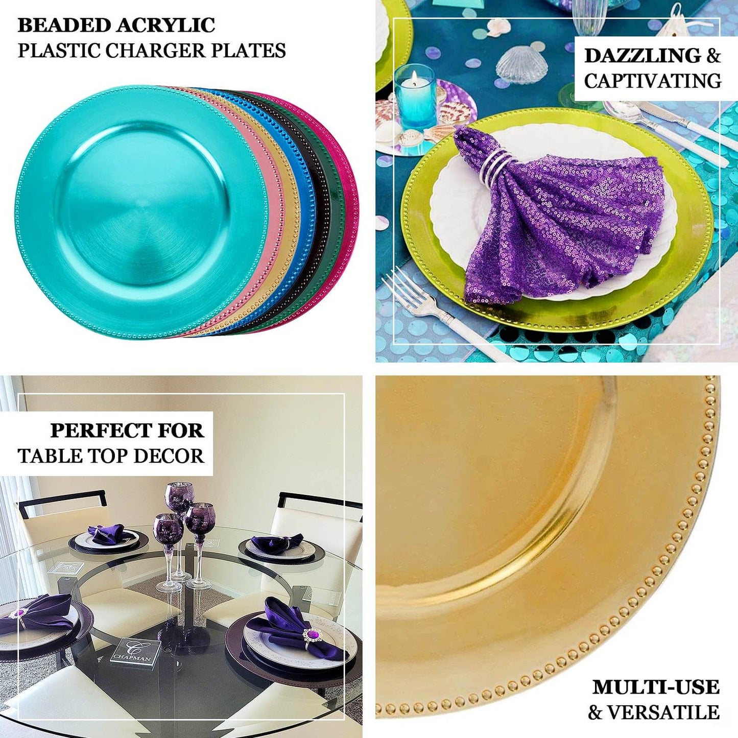 6 - Pack Acrylic Round Charger Plates 13" in Hot Pink with Beaded Rim, Dinner Charger Event Tabletop Decor - Linen Luxes