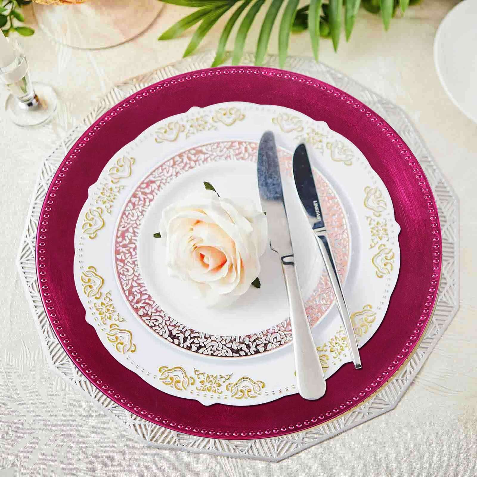 6 - Pack Acrylic Round Charger Plates 13" in Hot Pink with Beaded Rim, Dinner Charger Event Tabletop Decor - Linen Luxes